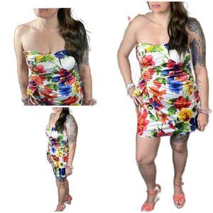XOXO strapless floral pleated mini dress with bow.  Size 11